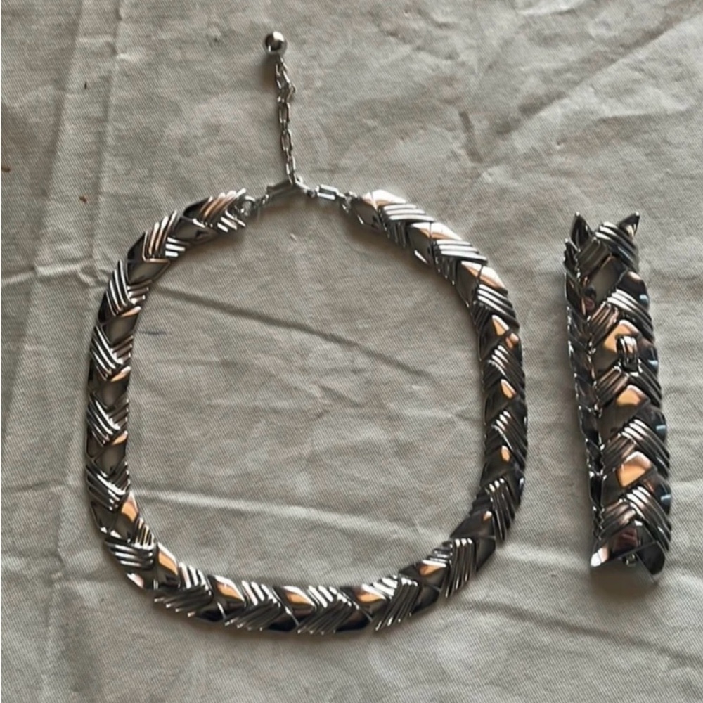 Crown Trifari Silver Necklace and Bracelet Set